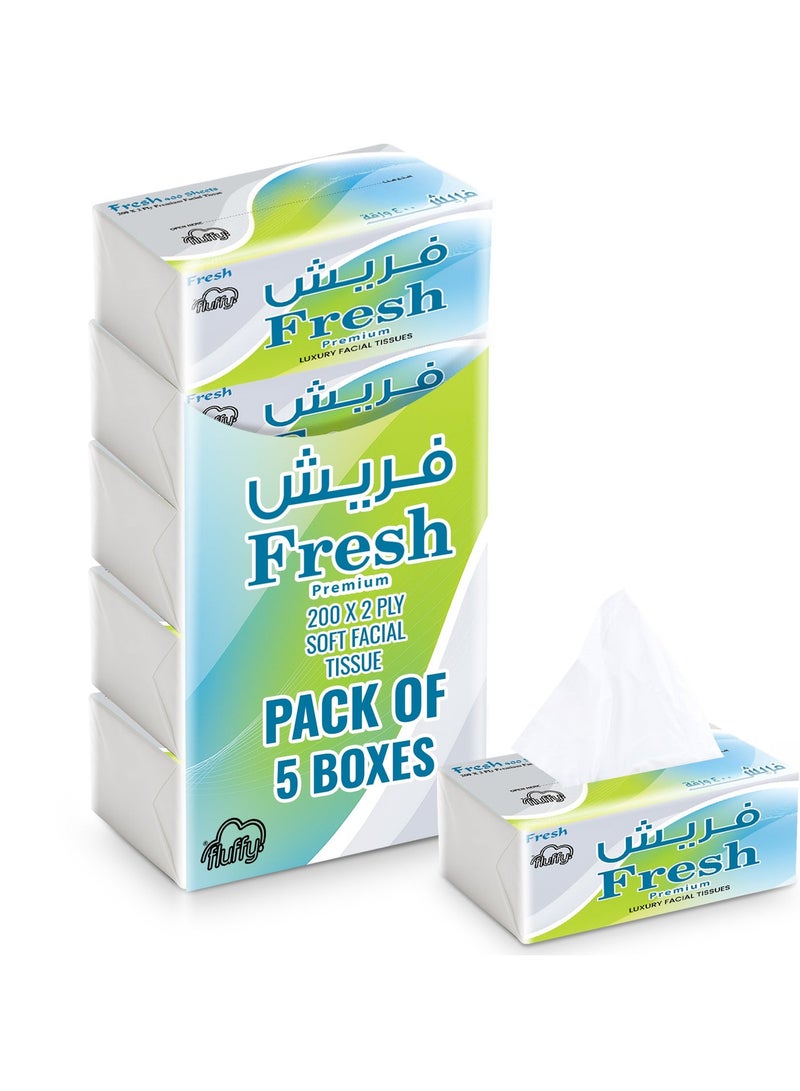 SNH Packing عبوة مناديل وجه فاخرة طازجة من 5 قطع، 200 ورقة × 2 طبقة إجمالي 2000 ورقة - Image 1